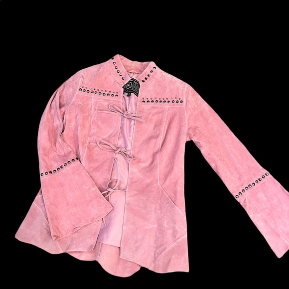 CHI by FALCHI PINK STUDDED LEATHER BLAZER WITH BELL SLEEVES AND TIE FRONT - Picture 4 of 13